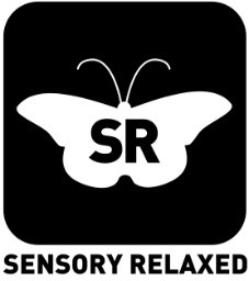 Sensory Relaxed logo – white butterfly with SR on black background